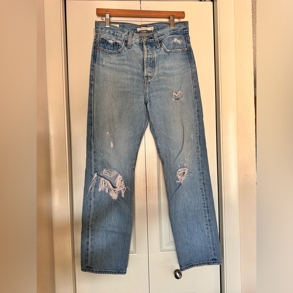Levi's Wedgie Straight Leg Jeans with Distressing on the knees and ankles